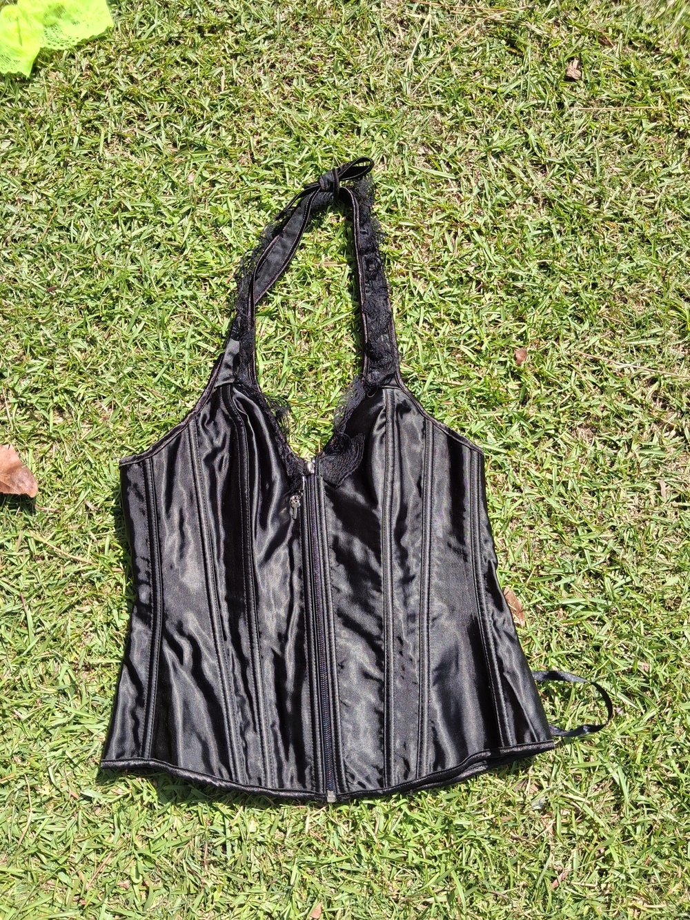 Black Satin Halter Corset Top with Front Zip